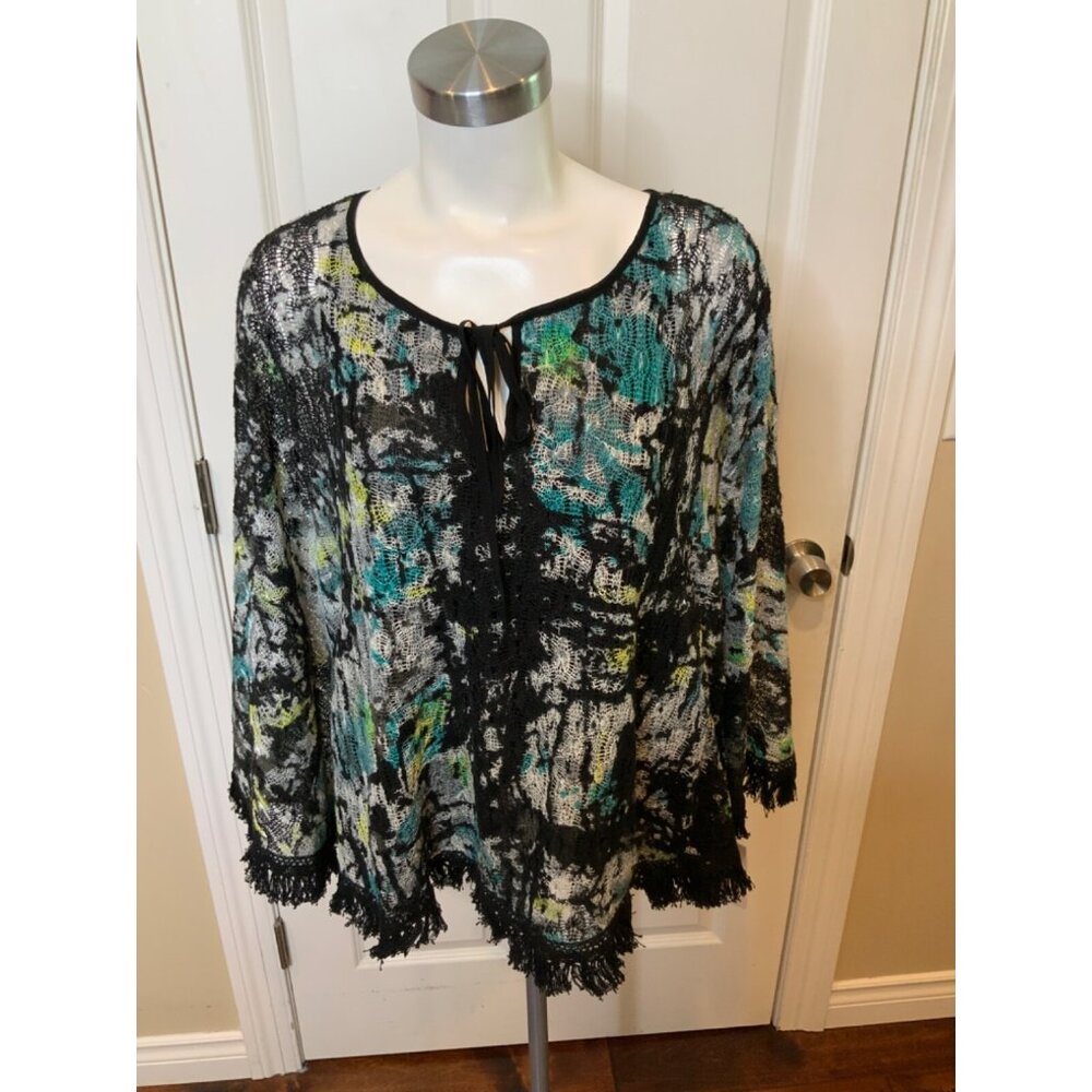 Alberto Makali Black, Blue & Yellow Knit Poncho Fringe Trim, NWT! Size Large
